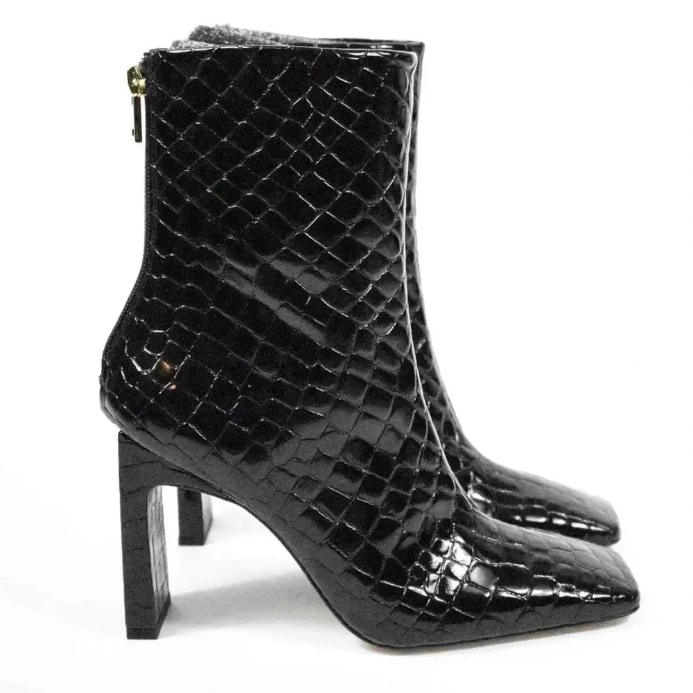 NIB Good American Black Patent Croc Leather Boots Square Toe Ankle Booties Sz 9